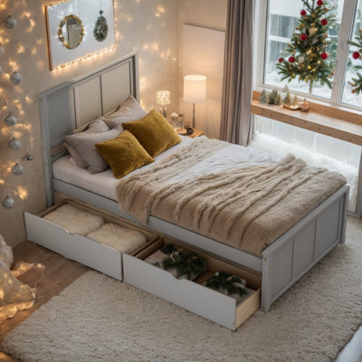 Twin Size Bed Frames With Two Drawers,twin Size Storage Bed Frame With Drawer Underneath,wood Twin Platform Bed Frame With Headboard With Slat Support