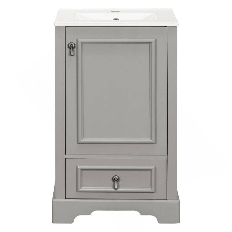 Meuble-lavabo de 20 po avec lavabo en céramique, porte à fermeture en douceur, tablette ajustable en forme de U, tiroir de compartiment et support de porte, style moderne, conception peu encombrante