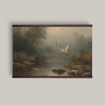 White Heron River Landscape Wall Tapestry Nature Bird Canvas Wall Art Rustic Lake Decor