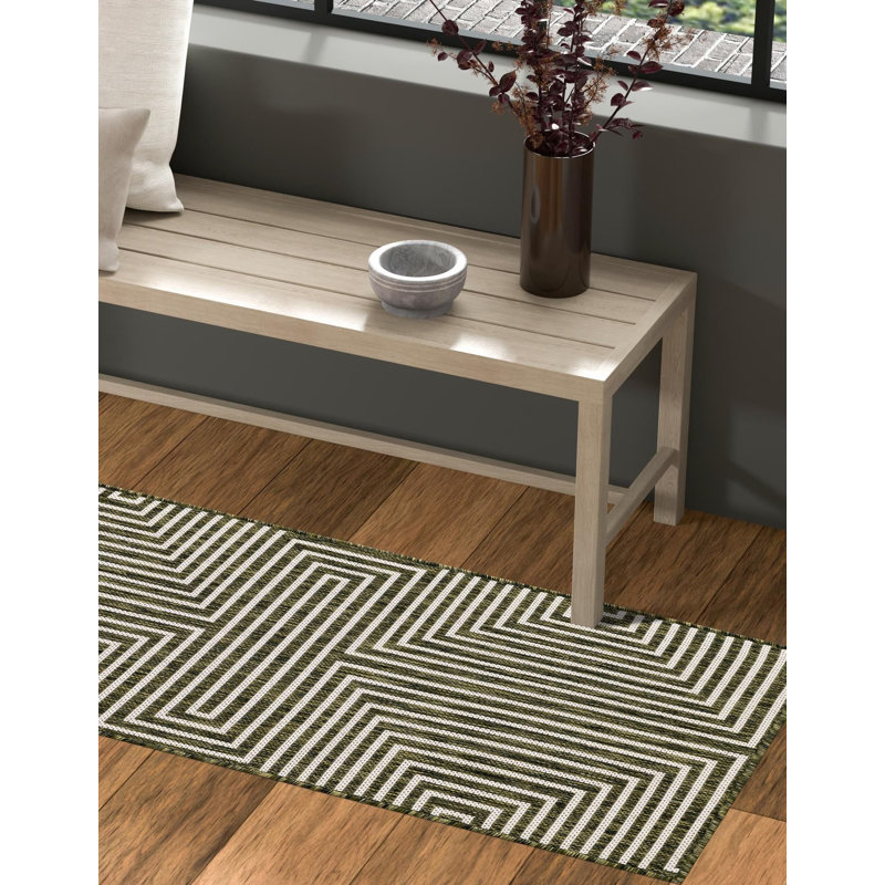 Tapis contemporain Nykeia de couleur verte, Tapis de couloir 2 pi x 8 pi