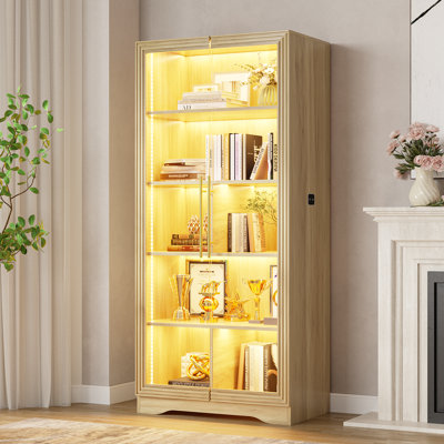 Armoire de rangement 65 po avec porte en verre, vitrine à 5 niveaux avec lumières à capteur de couleur
