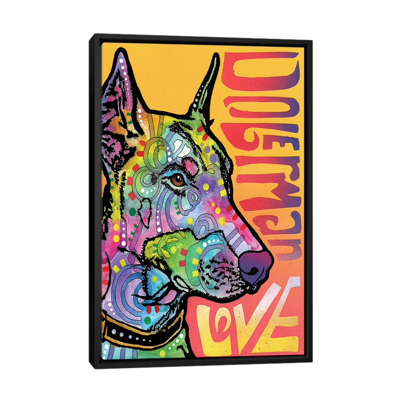 « doberman love », impression sur toile tendue, H 26 po x l 18 po x P 1,5 po, Toile encadrée noire