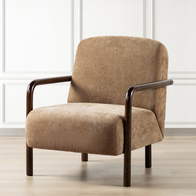 Mid-century Modern Brown Fabric Armchair With Walnut Rubberwood Frame