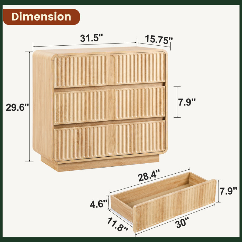 Molded 31.5"Fluted 3-Drawer Dresser, Yellow