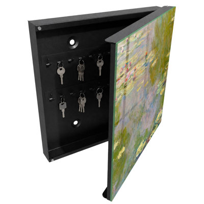 Key box for home, Opens to the left, 30x30x5, Black, Water lilies on a pond in a painterly style, 