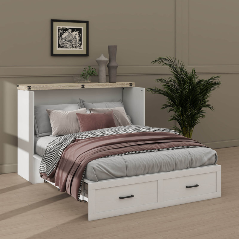 Grand lit escamotable style ferme avec station de charge, lit plateforme pliable avec tiroir de rangement spacieux, Blanc