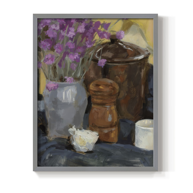 Nature morte avec fleurs séchées I, reproduction encadrée - bois massif, Gris, H 15 po x l 12 po
