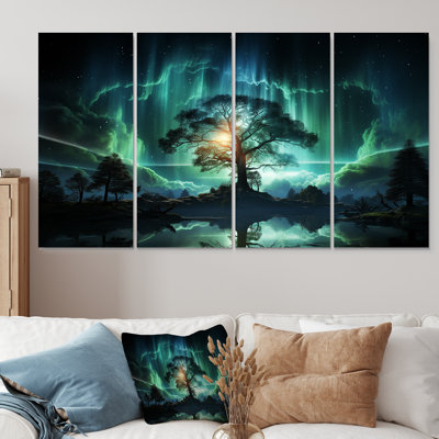 Emerald Tree In Northern Lights I - Ensemble de 4 décorations murales arbre