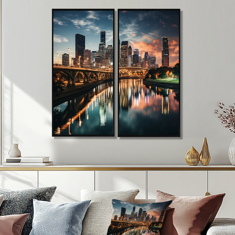 Houston City Horizons II - art mural industriel, H 32 po x l 32 po, Impression encadrée flottante sans passe-partout, Noir