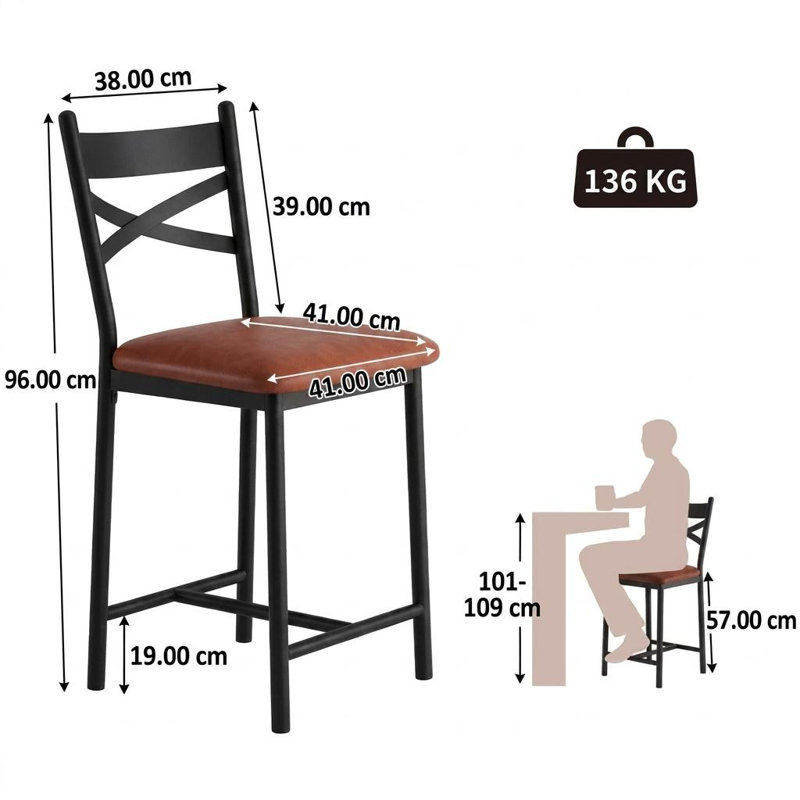 Modern PU Upholstered Dining Chairs Set of 2 – 55.9 cm Metal Bar Stools with Backrest – Comfortable, Sturdy, Ideal for Kitchen or Counter
