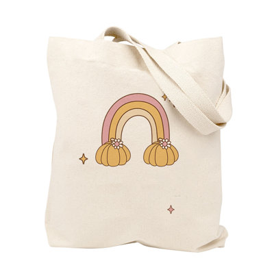 Custom Halloween Trick Or Treat Bag, Thick Cotton Linen Tote, Boho Pumpkin Rainbow Design With Name, Reusable Candy Bag