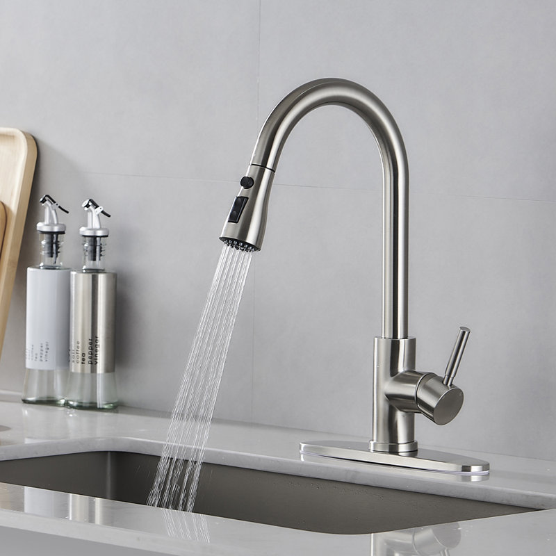 W1Cf247Cl-BSO  Brushed Stainless Steel Kitchen Faucet - Single Handle Pull Down Sprayer with All SUS304 Body/Handle/Pipe, Wanhai Cartridge And PEX Hoses