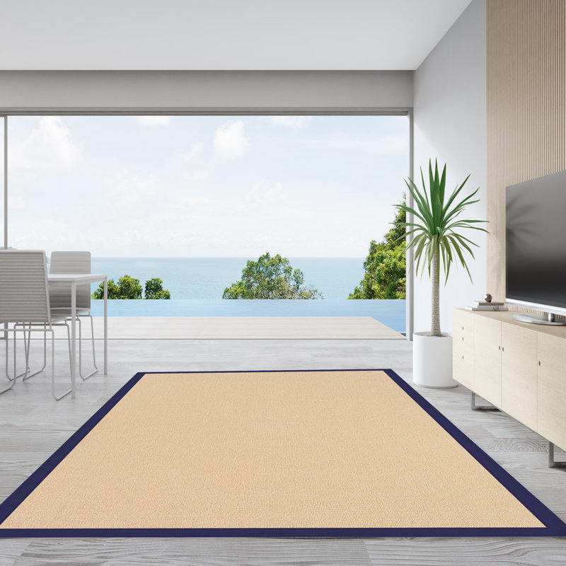 Nannette Handmade Light Beige Berber with Navy Blue Cotton Border Made in the USA Area Rug, Rectangle 9'10" x 13'