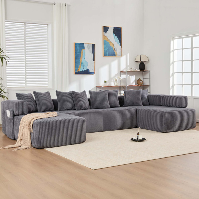 Canapé modulaire en U de 146 pouces, canapé-lit convertible avec 8 coussins, sans assemblage, conception modulaire surdimensionnée, tissu en velours côtelé, gris foncé