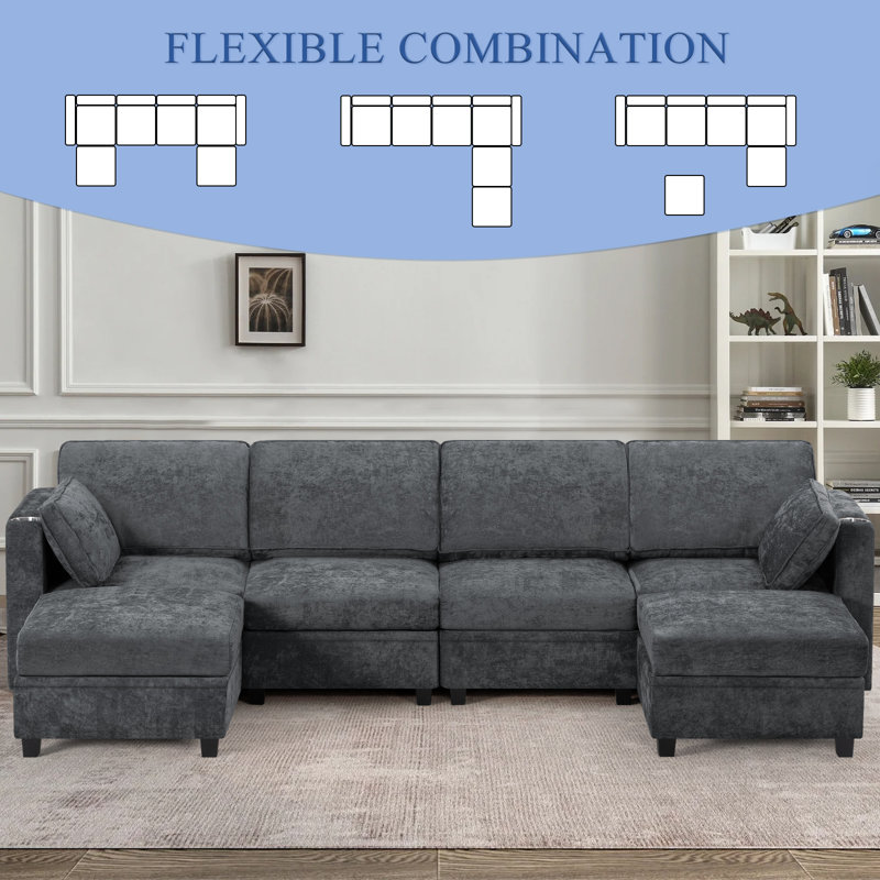 Canapé modulaire en U de 110 po avec dossiers réglables, canapé modulaire à 6 places avec grand espace de rangement, canapé rembourré en chenille avec port USB et porte-gobelets pour le salon, la chambre à coucher