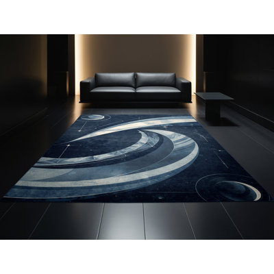 Tapis bleu moderne et contemporain lavable à la machine Pavle