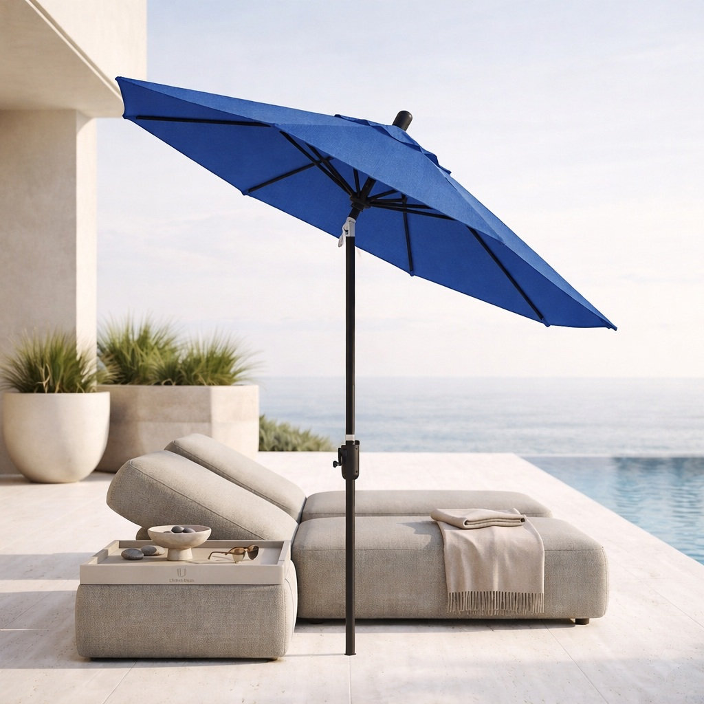 Natalie 8.7' Sunbrella® Market Umbrella, Black Sapphire, Canvas Pacific Blue Sunbrella® Canvas