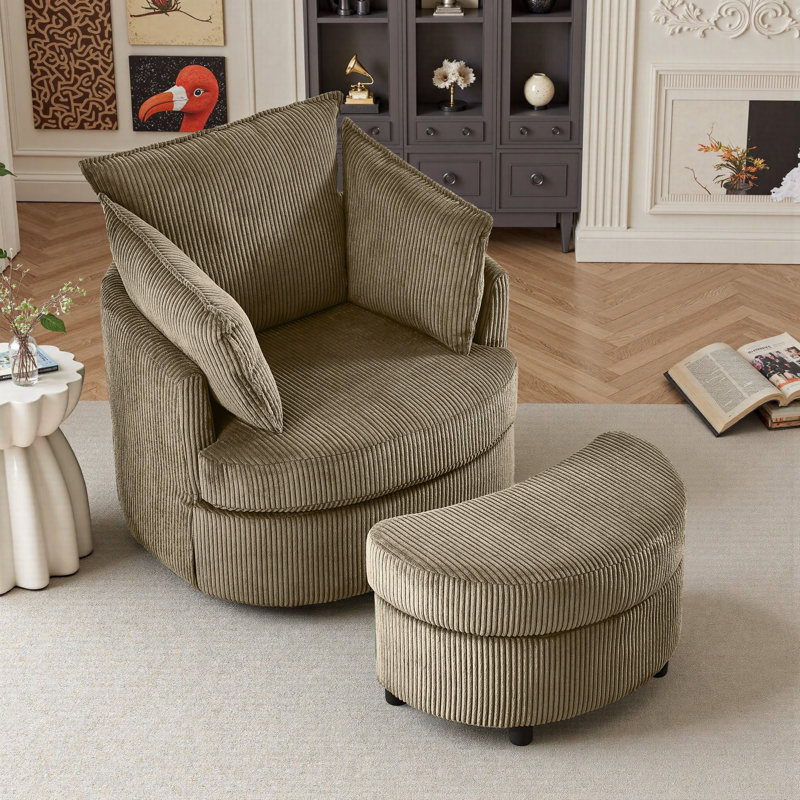 Swivel Accent Chair Round Barrel Armchair Upholstered Living Room Chair Corduroy Reading Chair Single Sofa Chair For Bedroom Apartment Office