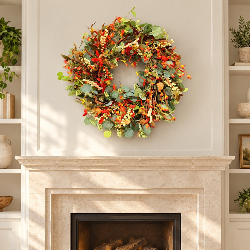 Couronne d'eucalyptus d'automne 24 po, couronne de baies artificielles pour la porte d'entrée