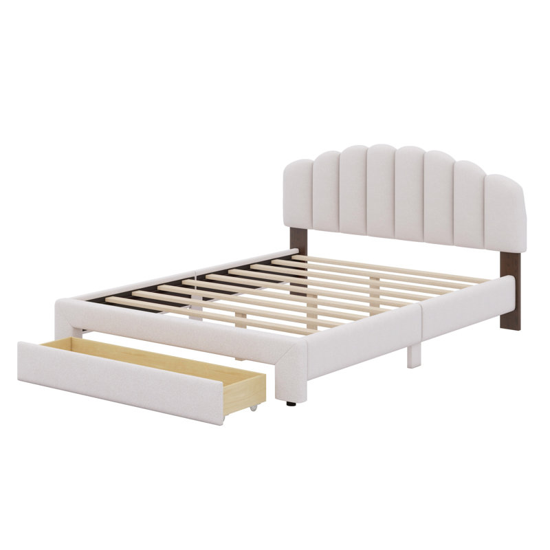Upholstered Platform Bed With Drawer, Beige