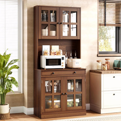 72" Kitchen Pantry Cabinet, Farmhouse Storage Cabinet with Glass Doors & Shelves, Walnut