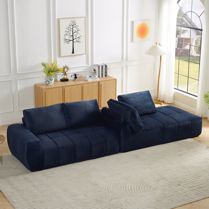 L-Shape Luxury Sectional Oversized Sofa,Mnimalist Design,Comfy Sleeper Couch, Blue Linen, Right Hand Facing