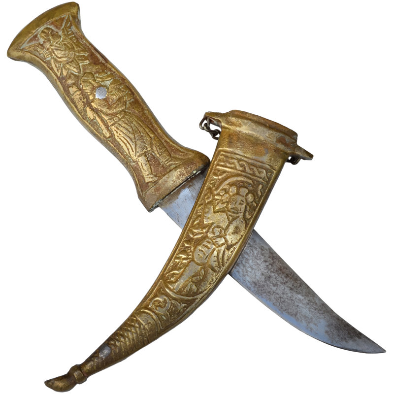 Early 20Th Century Handmade Babylonian-Patterned Brass Dagger