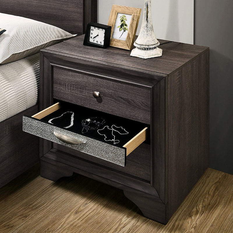 Table de chevet 3 tiroirs en bois gris avec poignées en nickel - Boîte de rangement dissimulée pour chambre à coucher
