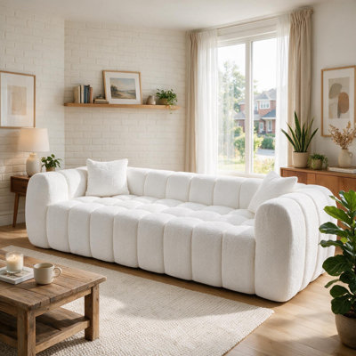 103" Modern Cloud Sofa, 4-Seater Deep Seat Boucle Couch for Living Room, Minimalist Low Profile Foam Sofa, White