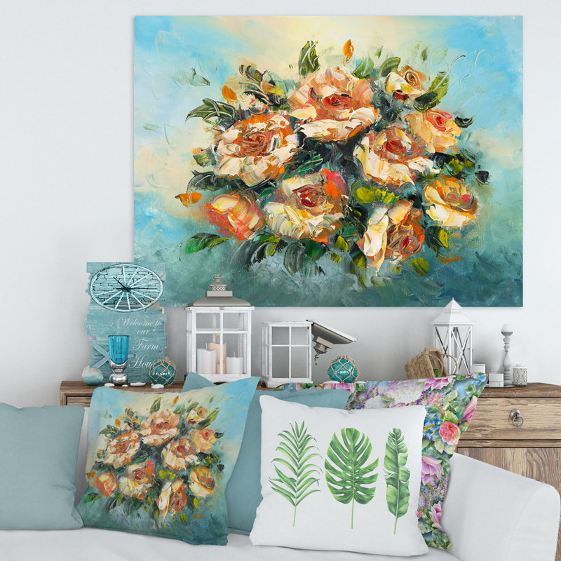 Bouquet de fleurs rétro rose foncé - peinture sur toile, H 30 po x l 40 po x 1,5 po, Toile tendue