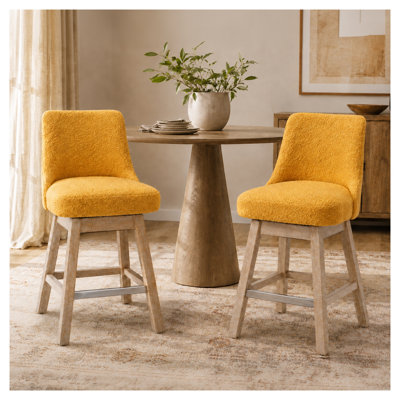 360° Swivel Bar Stools Set of 2, 26" Counter Height Boucle Fabric Seats with Solid Wood Legs, Modern Mid-Century Design for Kitchen Island (Yellow)