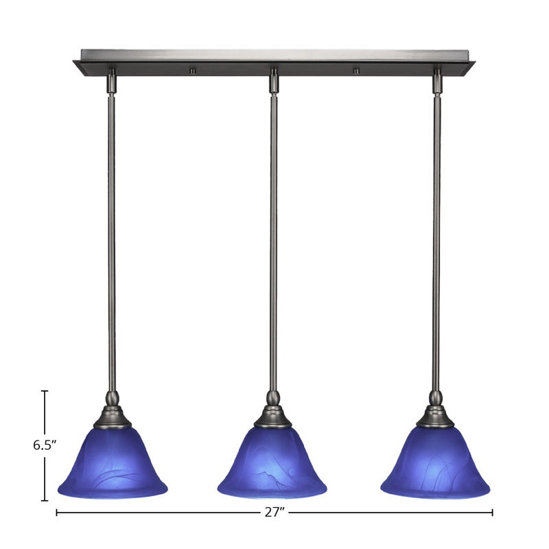 Luminaire suspendu linéaire à 3 lumières avec tige de 7 po, Bleu, Nickel brossé