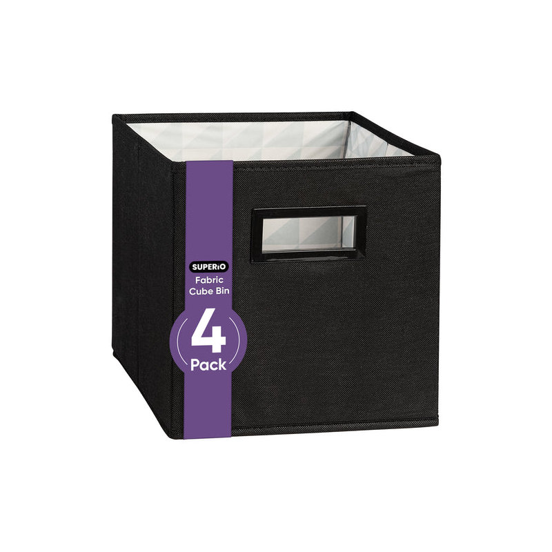 Collapsible Fabric Organizing Bin, Foldable Space Saver Storage Solution, Pack of 4, by Superio, Black