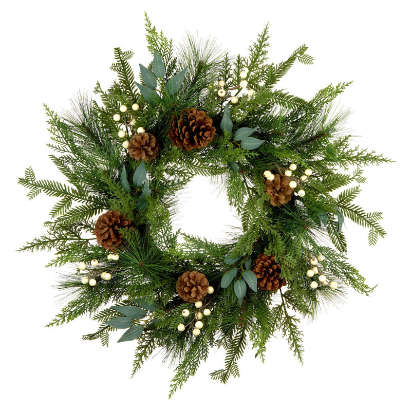 Couronne de Noël artificielle en pin blanc avec pommes de pin et baies blanches pour la porte d'entrée