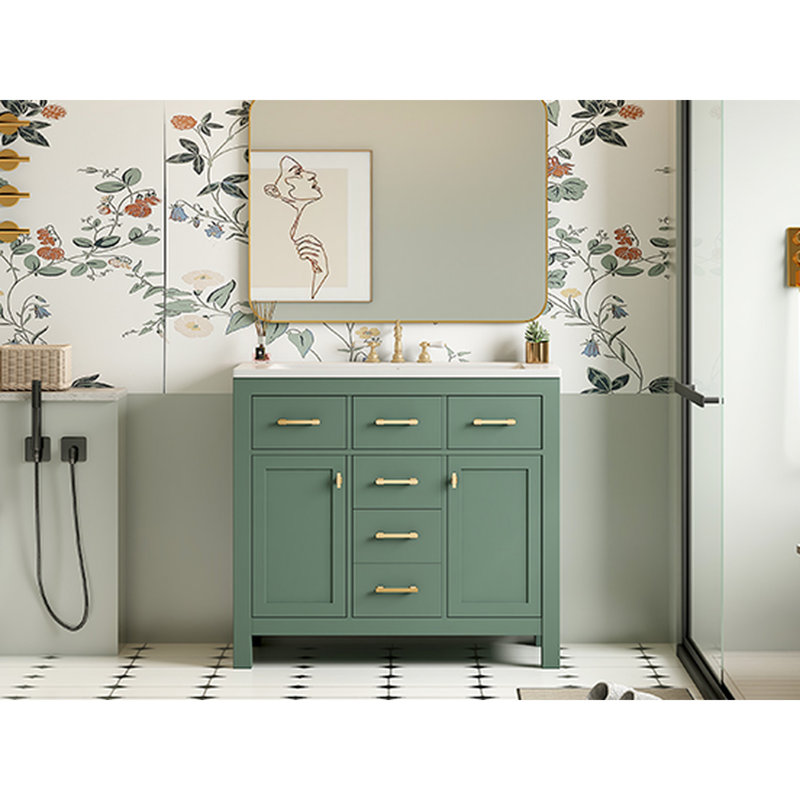 Meuble-lavabo moderne 36 po avec armoire, lavabo en céramique, 2 armoires pour articles, 4 tiroirs, charnières réglables, meuble-lavabo à glissières lisses 36 po, portes, cadre en bois massif