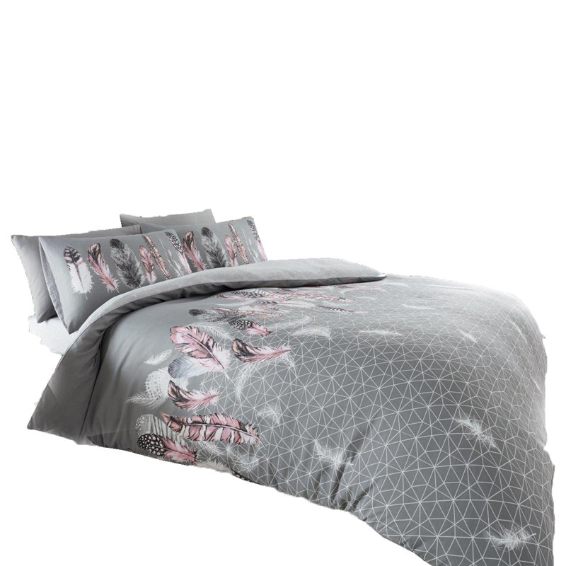 Modern Feather Design Duvet Cover Set with Matching Pillowcases - Polycotton Fabric Bedding, Grey 1, King