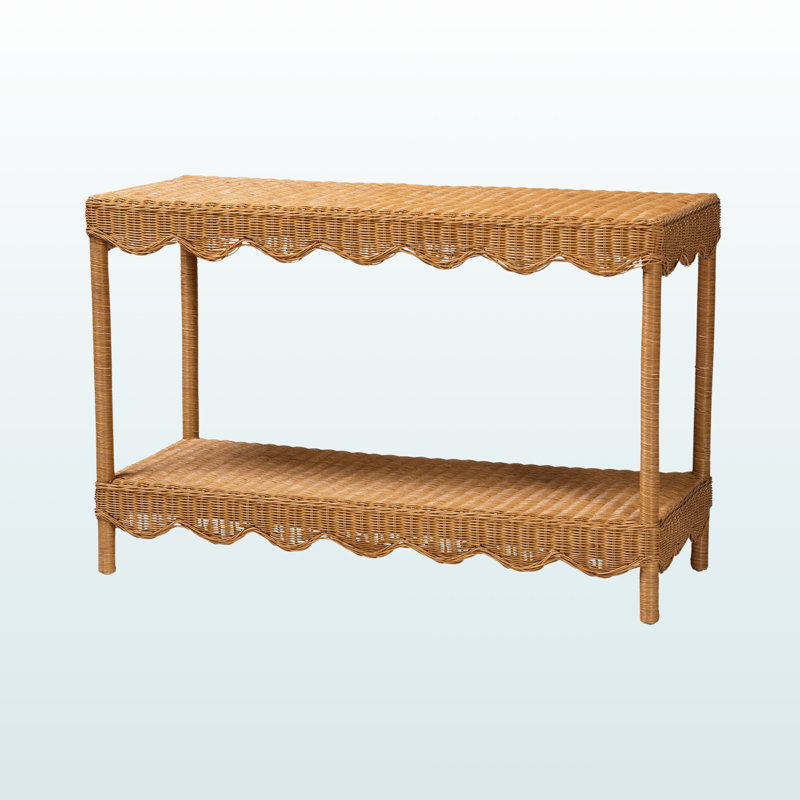 Kaden Rectangular & Scalloped 1-Open Shelf Console Table In Rattan, 31.36" H X 48.94" W X 19.86" D