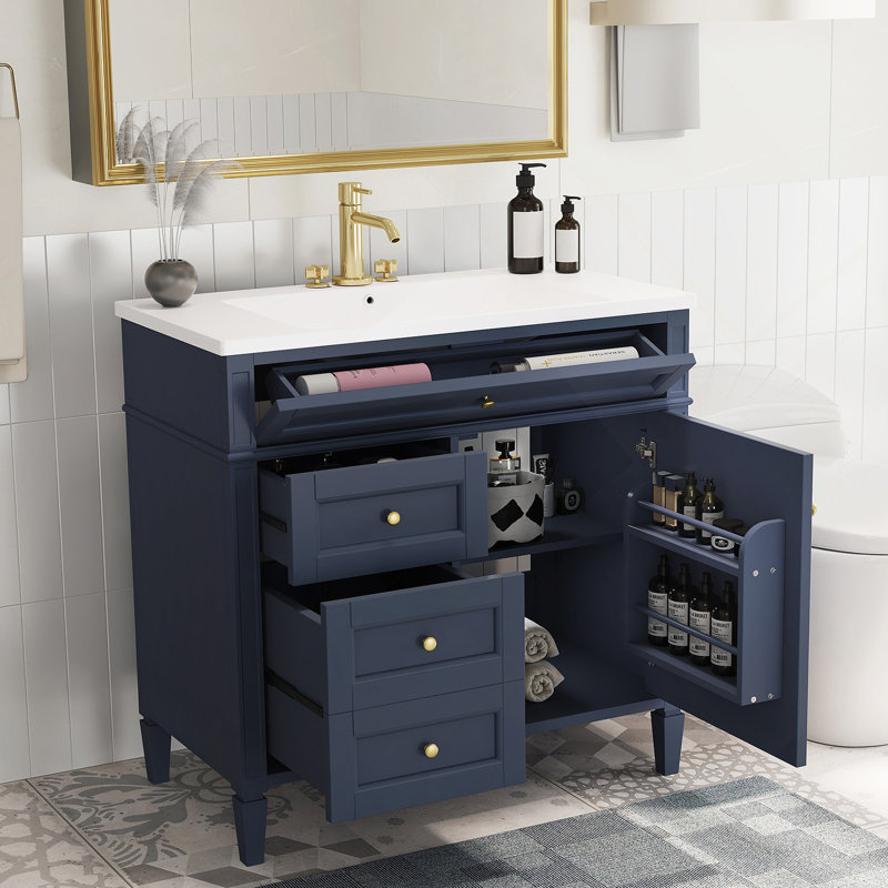 Meuble-lavabo de salle de bain avec lavabo, armoire de rangement de salle de bain avec tiroir basculant, lavabo simple, Bleu