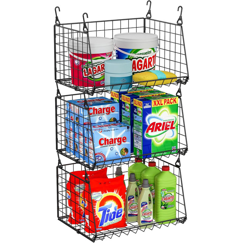 Ensemble de 3 paniers à linge suspendus: panier à linge pliable avec crochets rotatifs à 360 ° et rangement pour petits espaces au-dessus des tablettes de la laveuse et de la sécheuse - Organisateur de placard suspendu, vernis noir