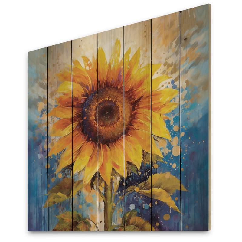Bixuan jaune, bleu, tournesols dorés II - impression sur bois sans cadre, H 35 po x l 35 po x P 0,78 po