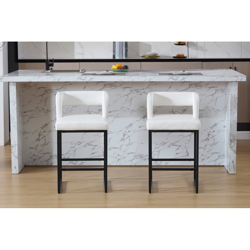 26’’ Upholstered Faux Leather Hollow Back Counter Stool With Metal Frame, Modern Round Arms Counter Height Bar Stool For Kitchen Island/Dining Room/Home Pub