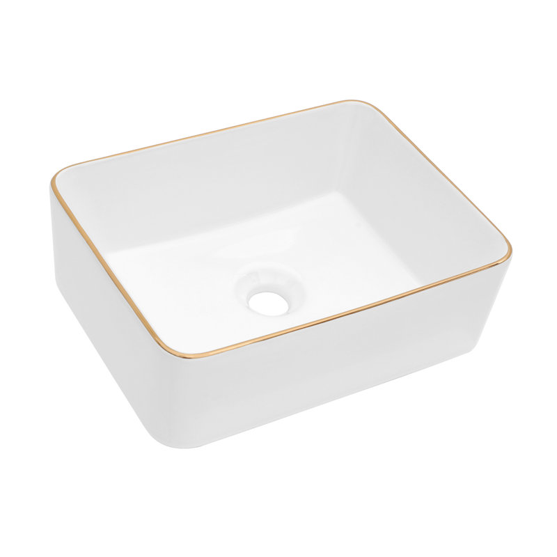 16 x 12 Inch White Ceramic Rectangular Vessel Sink with Gold Rim