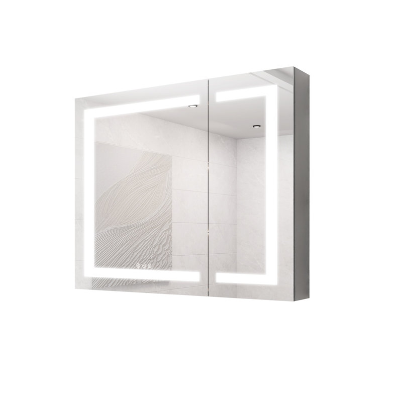Armoire de rangement pour salle de bain 36 po x 30 po - Miroir à brouillard à DEL, portes doubles, contrôle de luminosité 3000k 6000k, 4 tiroirs et plus, miroir de coiffeuse American Design
