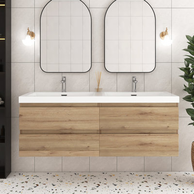 60'' Wall-Mounted Double Bathroom Vanity With Integrated Resin Top
