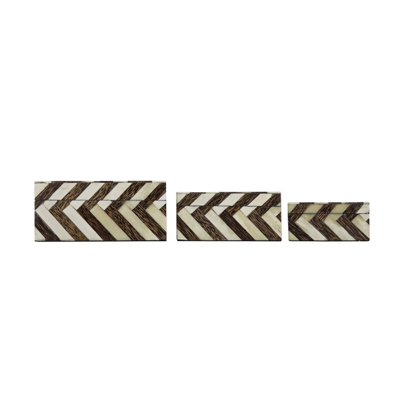S / 3 boîtes incrustées d'os brun et blanc avec motif zigzag