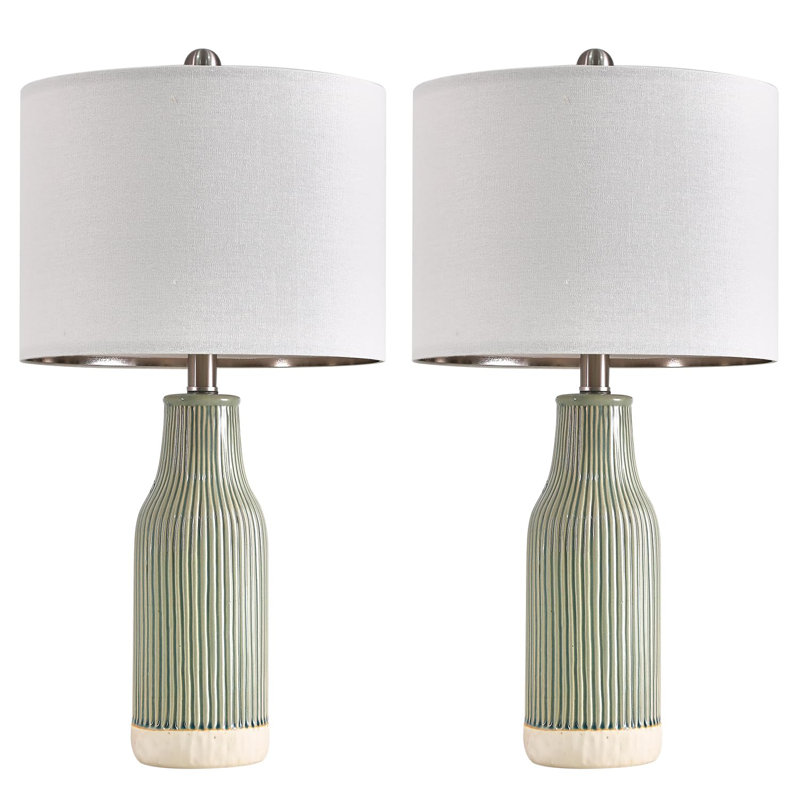 Green Ceramic Table Lamp Set with Linen Drum Shades