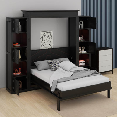 Queen Size Vertical Murphy Cabinet Bed With Storage Shelves & LED Lights, Wood Foldable Murphy Bed With Padded Headboard