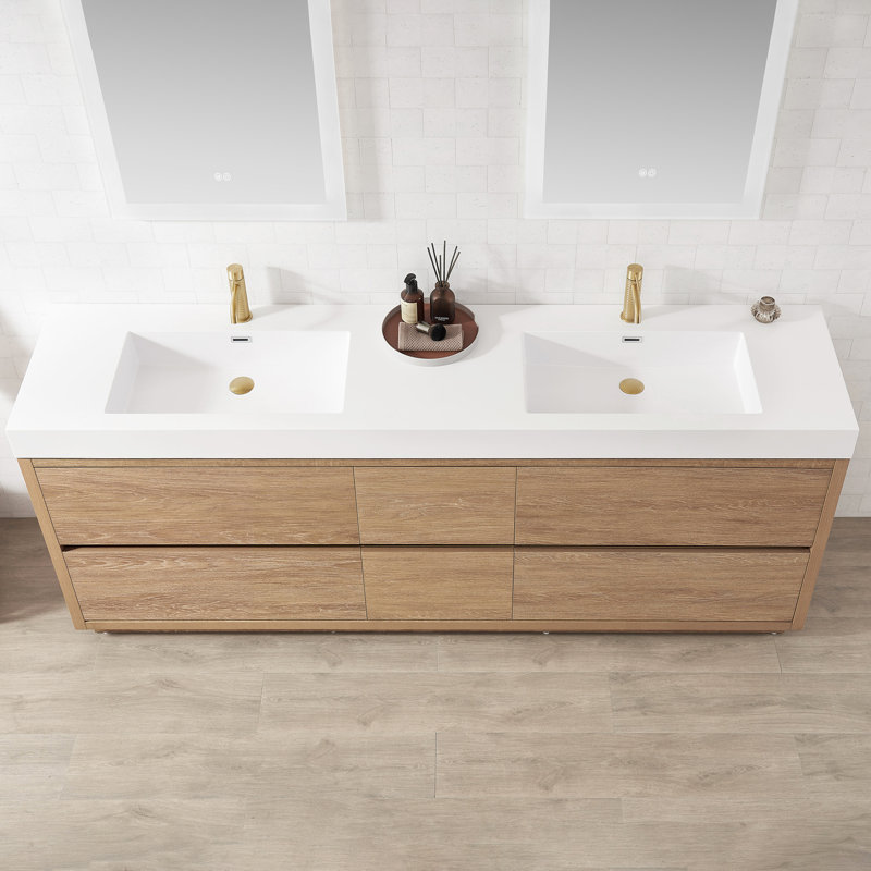 Ablitas 84 in. Rectangular White Finish Composite Granite Stone Console Bathroom Vanity Sink