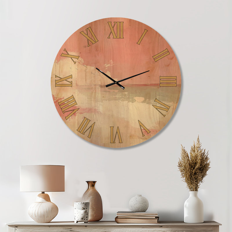 Ciel rosé sur les vagues I - Horloge murale ronde en bois océan, Grand
