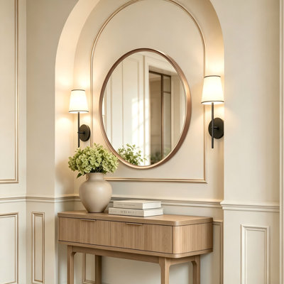 30 Inch Metal Framed Round Wall Mirror, Brushed Gold Bathroom Vanity Mirror, Hd Tempered Glass